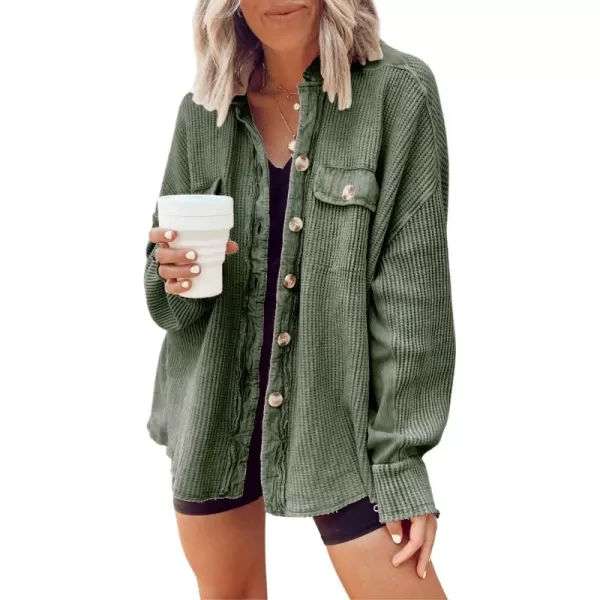chouyatou Womens Loose Fit Batwing Sleeve Waffle Knit Button Down Shirt Shacket TopsArmy Green