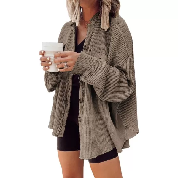 chouyatou Womens Loose Fit Batwing Sleeve Waffle Knit Button Down Shirt Shacket TopsBrown