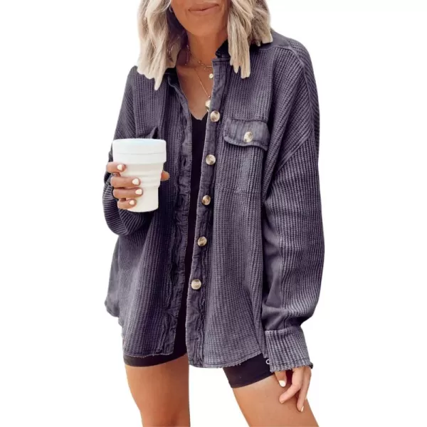chouyatou Womens Loose Fit Batwing Sleeve Waffle Knit Button Down Shirt Shacket TopsDark Grey