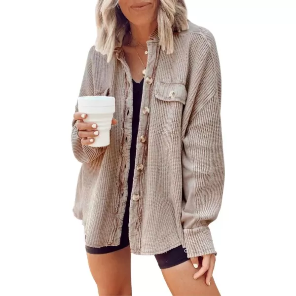 chouyatou Womens Loose Fit Batwing Sleeve Waffle Knit Button Down Shirt Shacket TopsKhaki