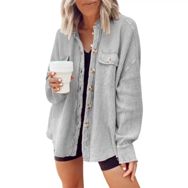 chouyatou Womens Loose Fit Batwing Sleeve Waffle Knit Button Down Shirt Shacket TopsLight Grey