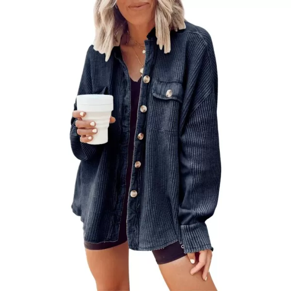 chouyatou Womens Loose Fit Batwing Sleeve Waffle Knit Button Down Shirt Shacket TopsNavy Blue