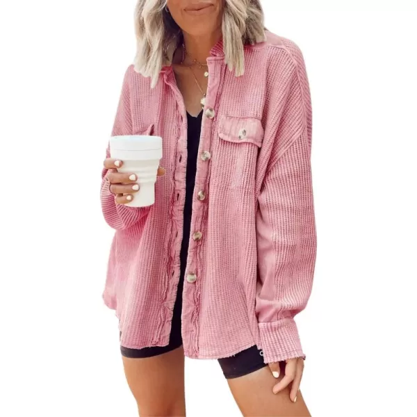 chouyatou Womens Loose Fit Batwing Sleeve Waffle Knit Button Down Shirt Shacket TopsPink