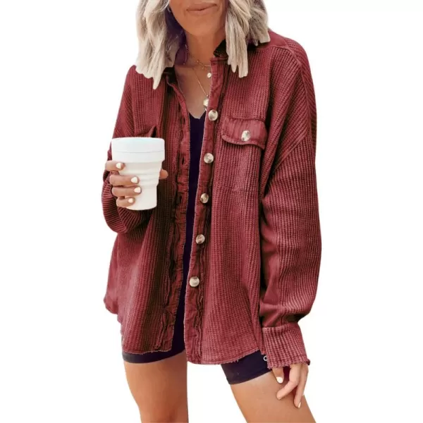chouyatou Womens Loose Fit Batwing Sleeve Waffle Knit Button Down Shirt Shacket TopsRusty Red