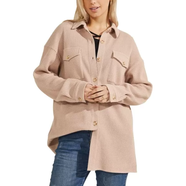 chouyatou Womens Loose Fit Batwing Sleeve Waffle Knit Button Down Shirt Shacket TopsShirtkhaki
