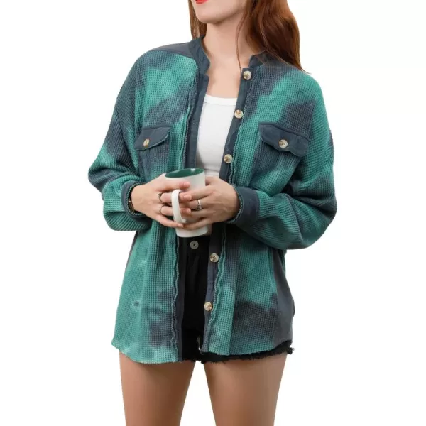 chouyatou Womens Loose Fit Batwing Sleeve Waffle Knit Button Down Shirt Shacket TopsTiedye Blue