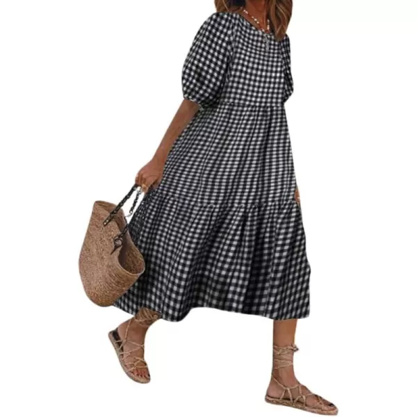 chouyatou Womens Retro Lantern Puff Sleeve Plaid Dress Gingham Swing Tiered Midi Long DressPlaid Black