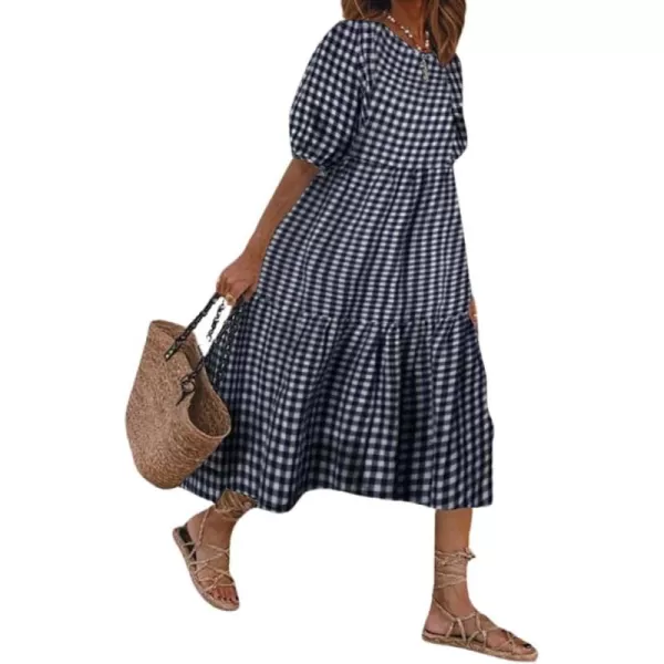 chouyatou Womens Retro Lantern Puff Sleeve Plaid Dress Gingham Swing Tiered Midi Long DressPlaid Navy