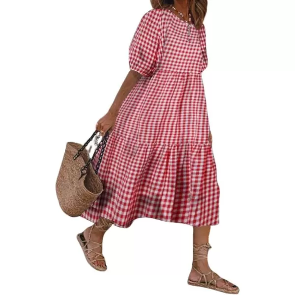 chouyatou Womens Retro Lantern Puff Sleeve Plaid Dress Gingham Swing Tiered Midi Long DressPlaid Red