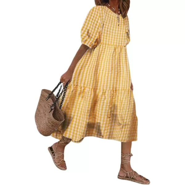 chouyatou Womens Retro Lantern Puff Sleeve Plaid Dress Gingham Swing Tiered Midi Long DressPlaid Yellow