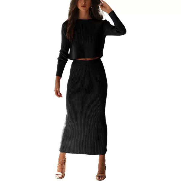 chouyatou Womens Ribbed Sweater Sets Crop Top and Maxi Bodycon Skirt Sets 2 Piece OutfitsBlack
