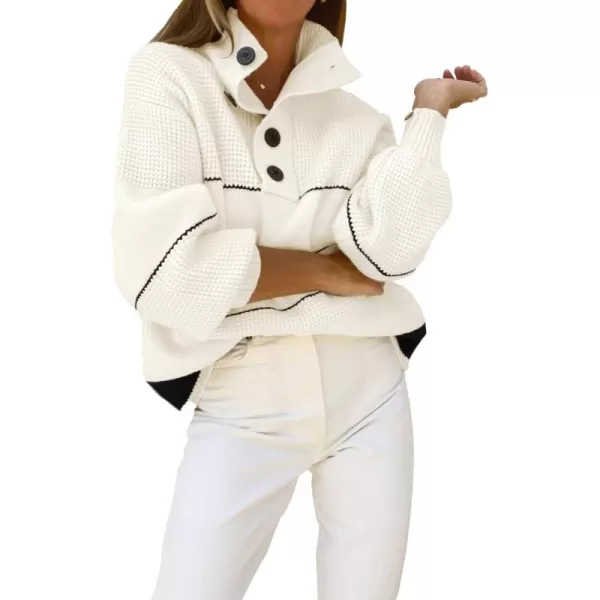 chouyatou Womens Slouchy Waffle Knit Sweater 12 Button Polo Collared Pullover Striped Sweater TopsWhite