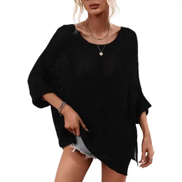 chouyatou Womens Spring Oversized Short Sleeve Crochet Sweater Top Beach Summer TShirtBlack