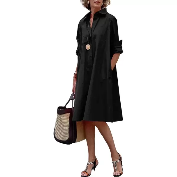 chouyatou Womens Spring Summer ButtonDown Shirt Dress Loose ALine Midi Shift Tunic DressBlack
