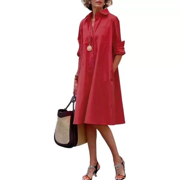 chouyatou Womens Spring Summer ButtonDown Shirt Dress Loose ALine Midi Shift Tunic DressRed
