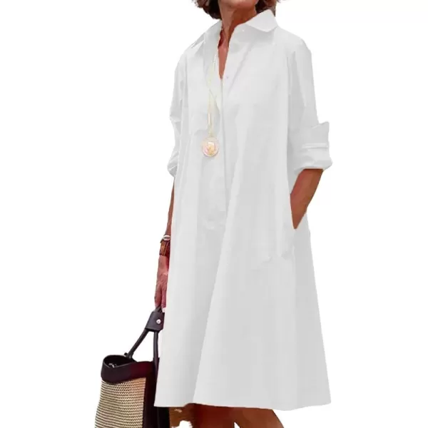 chouyatou Womens Spring Summer ButtonDown Shirt Dress Loose ALine Midi Shift Tunic DressWhite