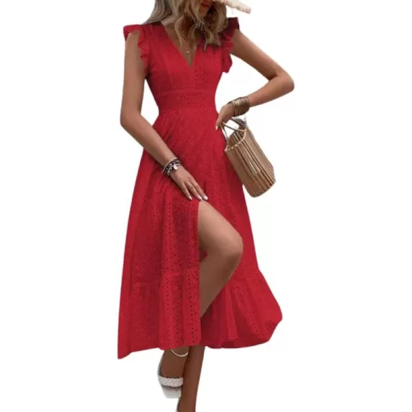 chouyatou Womens Summer Flutter Sleeve Embroidery Eyelet Lace Dress VNeck ALine Beach Sun DressRed