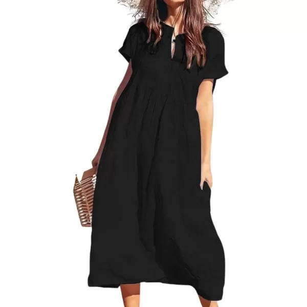 chouyatou Womens Summer Notch VNeck Midi Long Linen Dress ALine Loose Casual Tunic Beach DressBlack
