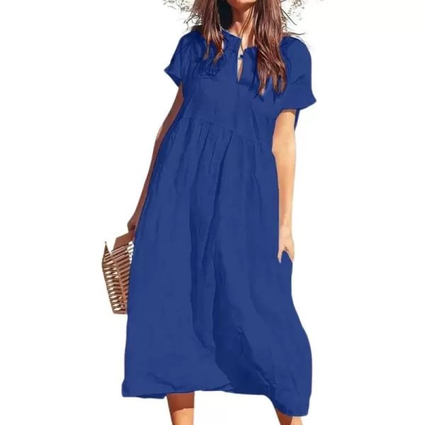 chouyatou Womens Summer Notch VNeck Midi Long Linen Dress ALine Loose Casual Tunic Beach DressBlue