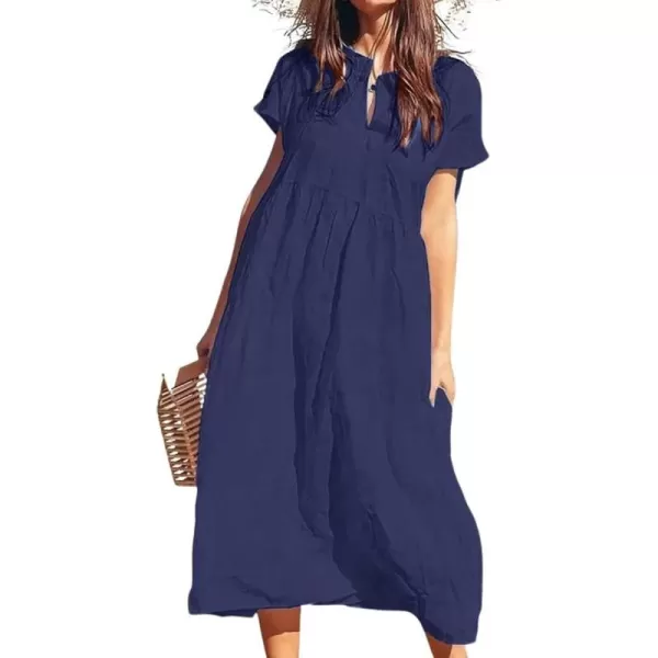 chouyatou Womens Summer Notch VNeck Midi Long Linen Dress ALine Loose Casual Tunic Beach DressNavy Blue