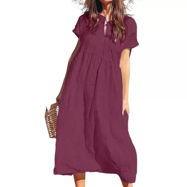 chouyatou Womens Summer Notch VNeck Midi Long Linen Dress ALine Loose Casual Tunic Beach DressWine Red