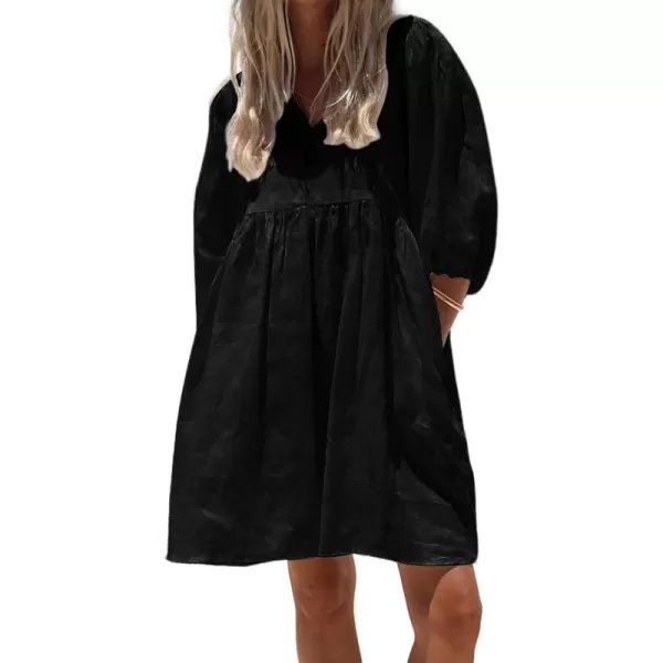 chouyatou Womens Summer Puff Sleeve Cotton Tunic Dress VNeck Mini Vacation Babydoll DressBlack
