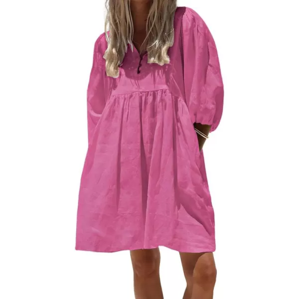 chouyatou Womens Summer Puff Sleeve Cotton Tunic Dress VNeck Mini Vacation Babydoll DressHot Pink