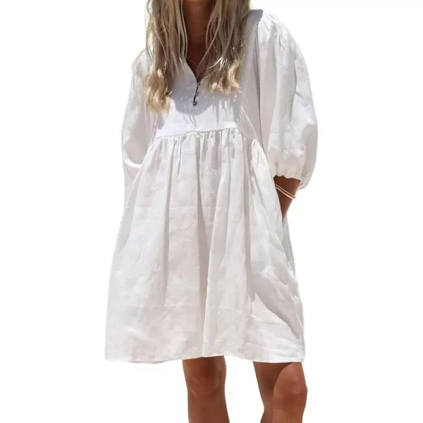 chouyatou Womens Summer Puff Sleeve Cotton Tunic Dress VNeck Mini Vacation Babydoll DressWhite