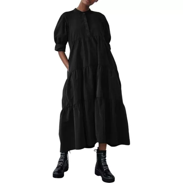 chouyatou Womens Summer Puff Sleeve Maxi Tiered Babydoll Dress Casual ALine Swing Long Shirt DressBlack