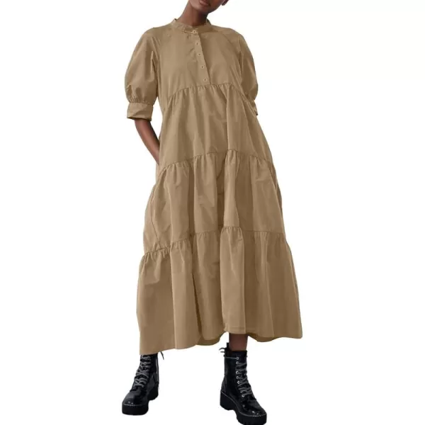 chouyatou Womens Summer Puff Sleeve Maxi Tiered Babydoll Dress Casual ALine Swing Long Shirt DressKhaki