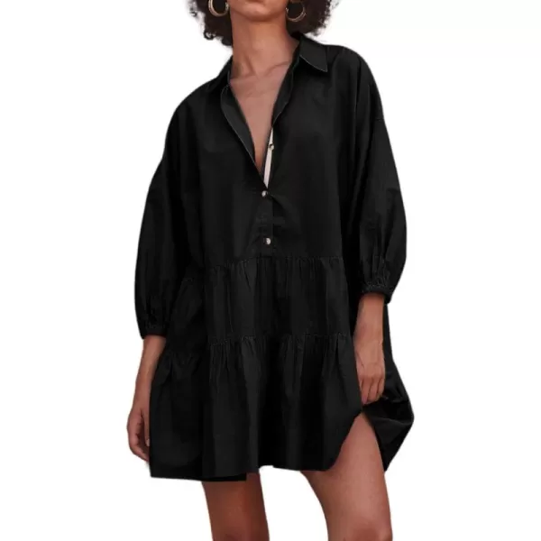 chouyatou Womens Summer Puff Sleeve Tiered Tunic Babydoll Dress Cute Mini Button Down Shirt DressBlack