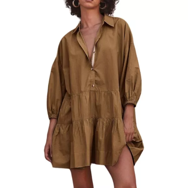 chouyatou Womens Summer Puff Sleeve Tiered Tunic Babydoll Dress Cute Mini Button Down Shirt DressDark Khaki