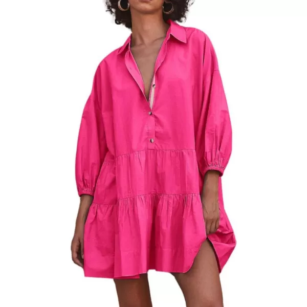 chouyatou Womens Summer Puff Sleeve Tiered Tunic Babydoll Dress Cute Mini Button Down Shirt DressHot Pink