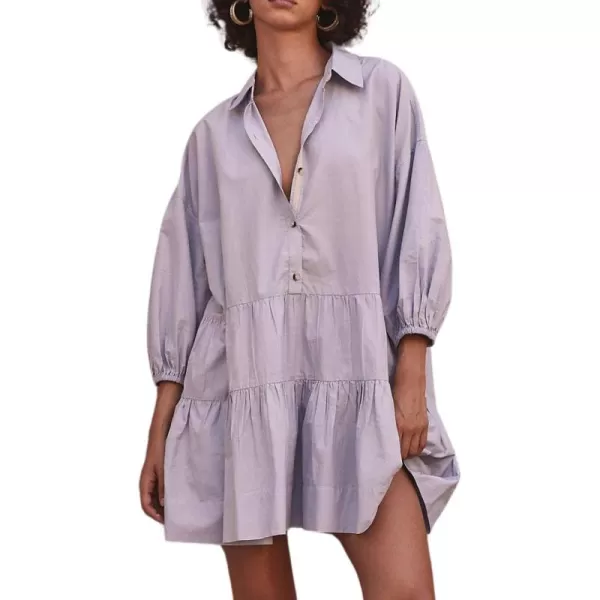 chouyatou Womens Summer Puff Sleeve Tiered Tunic Babydoll Dress Cute Mini Button Down Shirt DressPurple