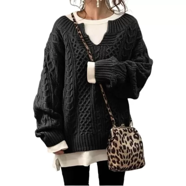 chouyatou Womens Winter Chunky V Neck Long Sleeve Loose Cable Knit Sweater PulloverBlack