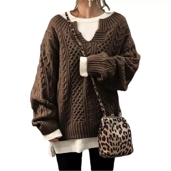 chouyatou Womens Winter Chunky V Neck Long Sleeve Loose Cable Knit Sweater PulloverBrown