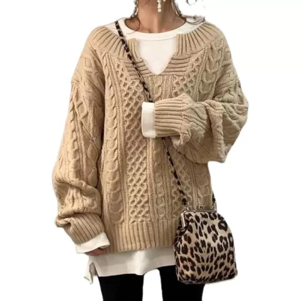 chouyatou Womens Winter Chunky V Neck Long Sleeve Loose Cable Knit Sweater PulloverCamel