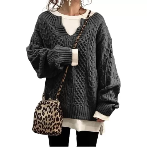 chouyatou Womens Winter Chunky V Neck Long Sleeve Loose Cable Knit Sweater PulloverDark Gray