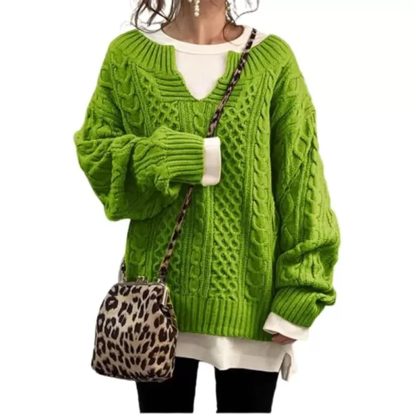chouyatou Womens Winter Chunky V Neck Long Sleeve Loose Cable Knit Sweater PulloverGreen