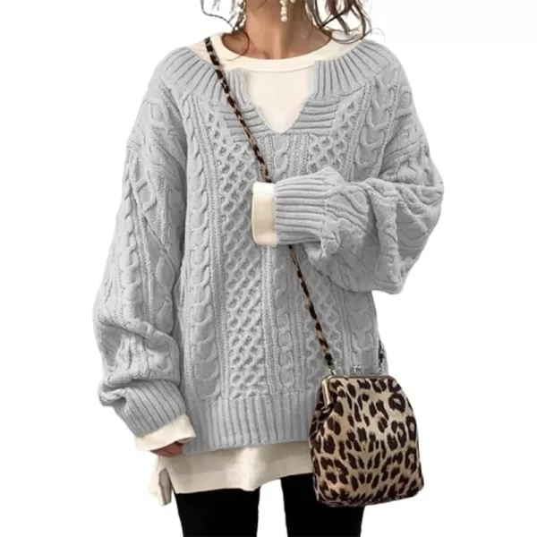 chouyatou Womens Winter Chunky V Neck Long Sleeve Loose Cable Knit Sweater PulloverLight Gray