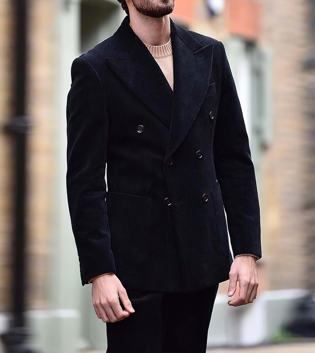 chouyatou Mens Double Breasted Corduroy Blazer Jacket Vintage Notched Lapel Suit Jacket Sport CoatBlack