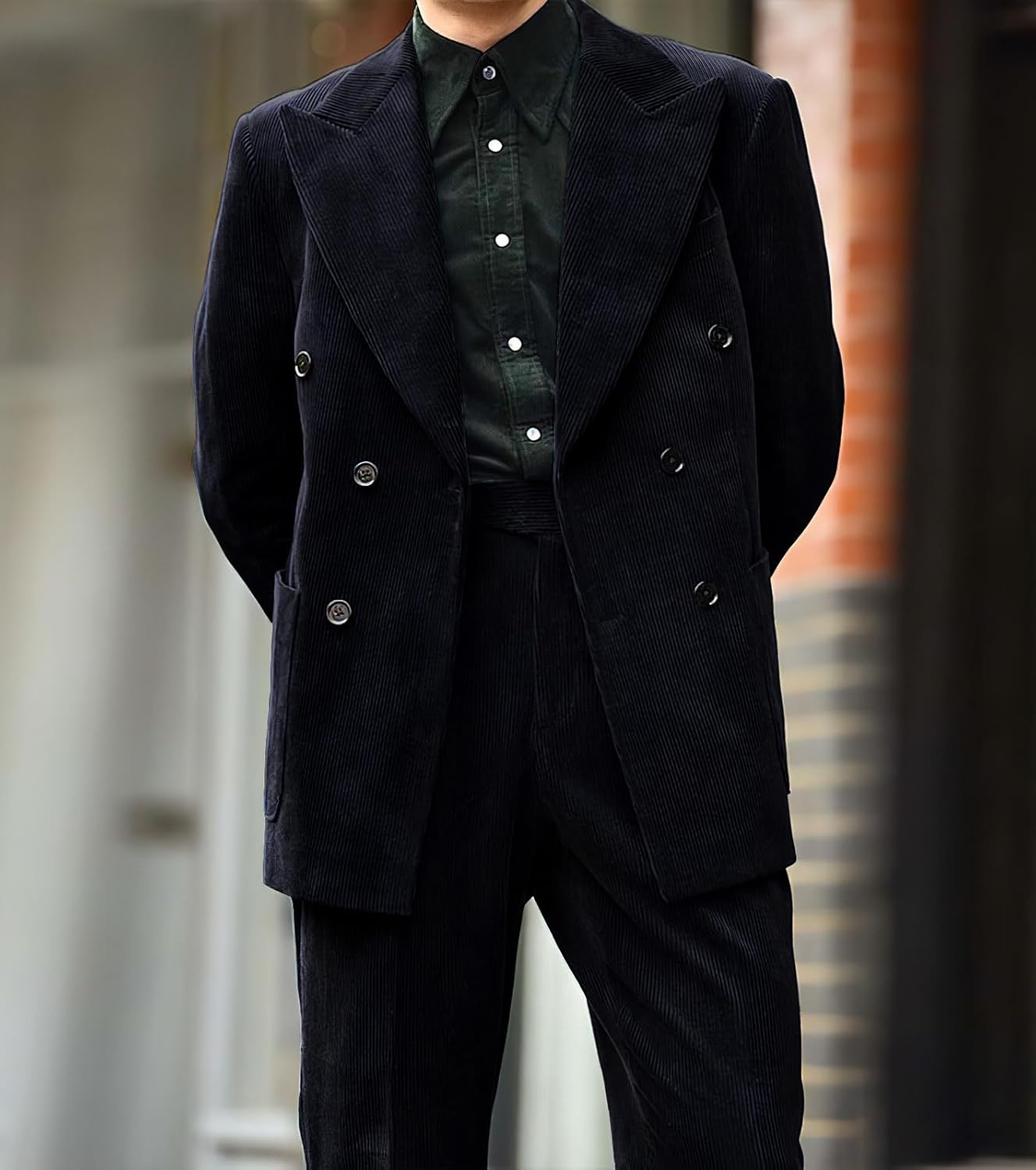 chouyatou Mens Double Breasted Corduroy Blazer Jacket Vintage Notched Lapel Suit Jacket Sport CoatBlack