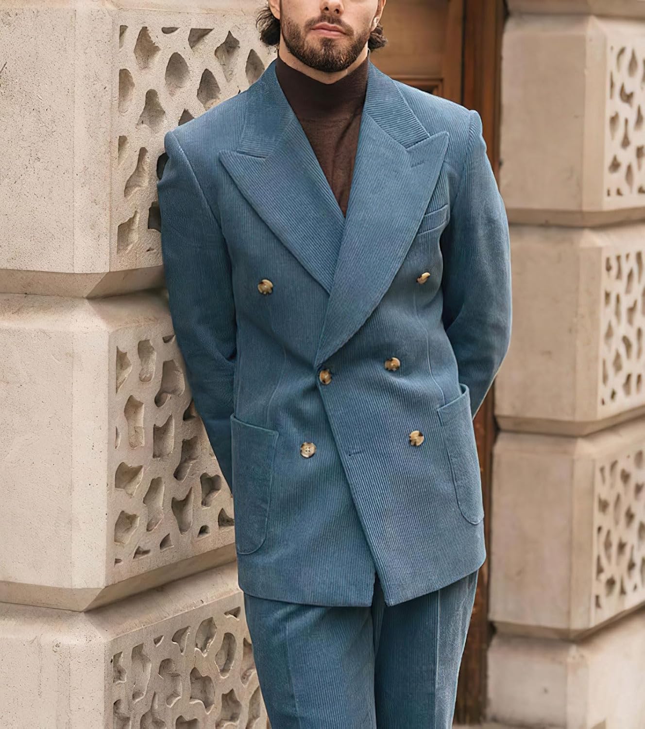 chouyatou Mens Double Breasted Corduroy Blazer Jacket Vintage Notched Lapel Suit Jacket Sport CoatBlue