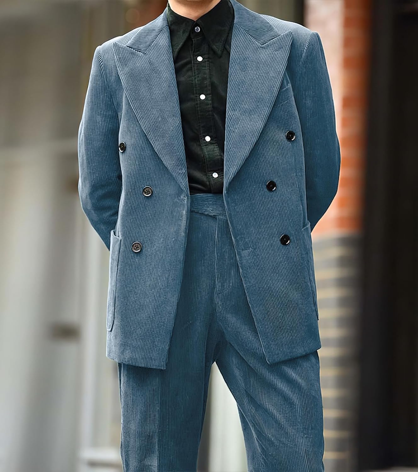 chouyatou Mens Double Breasted Corduroy Blazer Jacket Vintage Notched Lapel Suit Jacket Sport CoatBlue