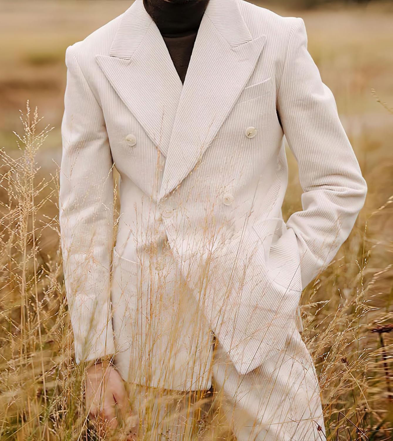 chouyatou Mens Double Breasted Corduroy Blazer Jacket Vintage Notched Lapel Suit Jacket Sport CoatWhite
