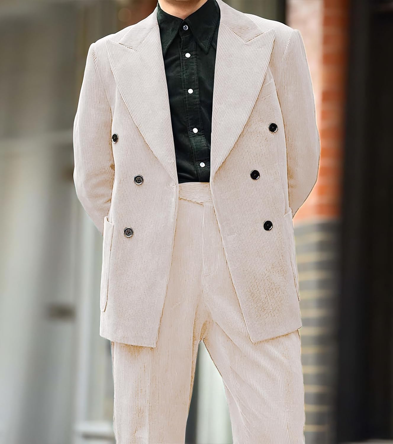 chouyatou Mens Double Breasted Corduroy Blazer Jacket Vintage Notched Lapel Suit Jacket Sport CoatWhite