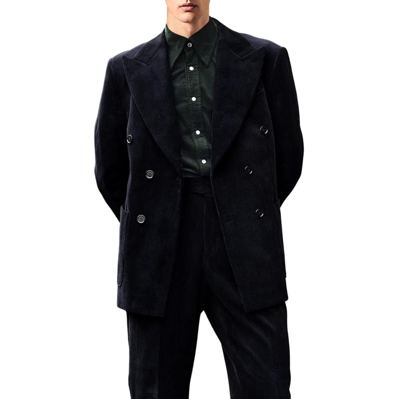 chouyatou Mens Double Breasted Corduroy Blazer Jacket Vintage Notched Lapel Suit Jacket Sport CoatBlack