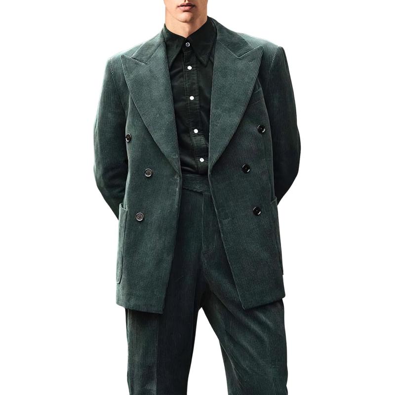 chouyatou Mens Double Breasted Corduroy Blazer Jacket Vintage Notched Lapel Suit Jacket Sport CoatGreen
