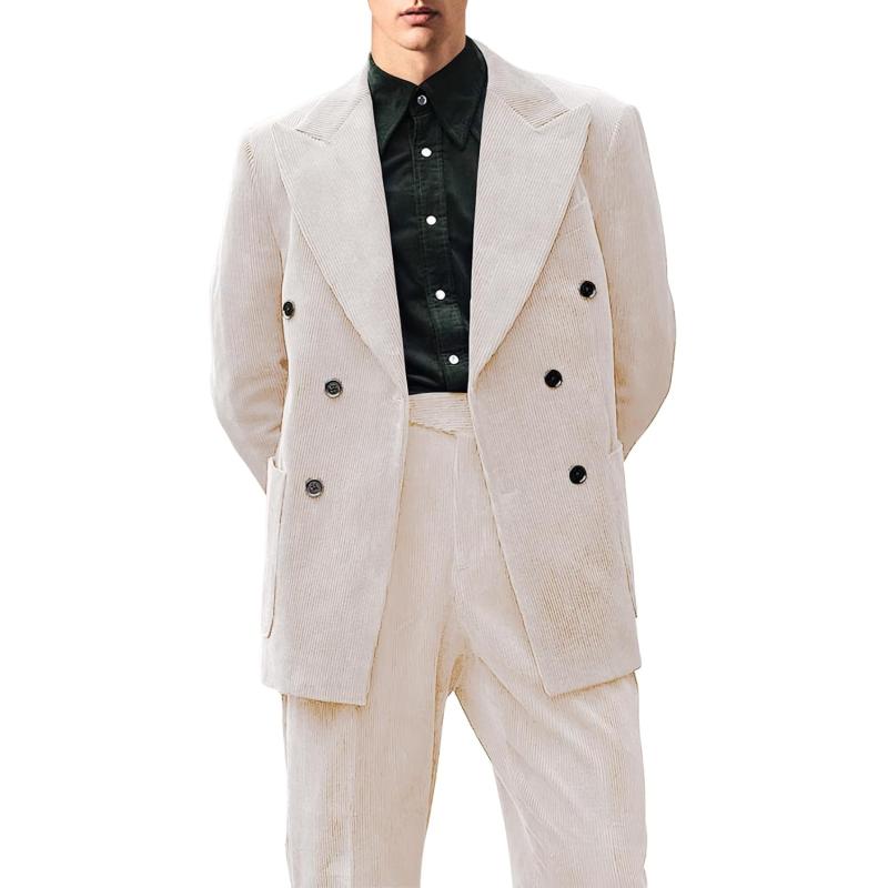chouyatou Mens Double Breasted Corduroy Blazer Jacket Vintage Notched Lapel Suit Jacket Sport CoatWhite