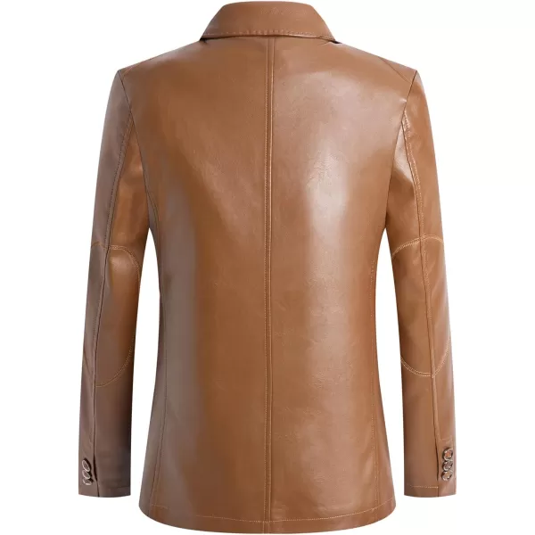 chouyatou Mens Casual Notched Collar 2 Button Slim Moto Faux Leather Blazer Suit JacketBrown